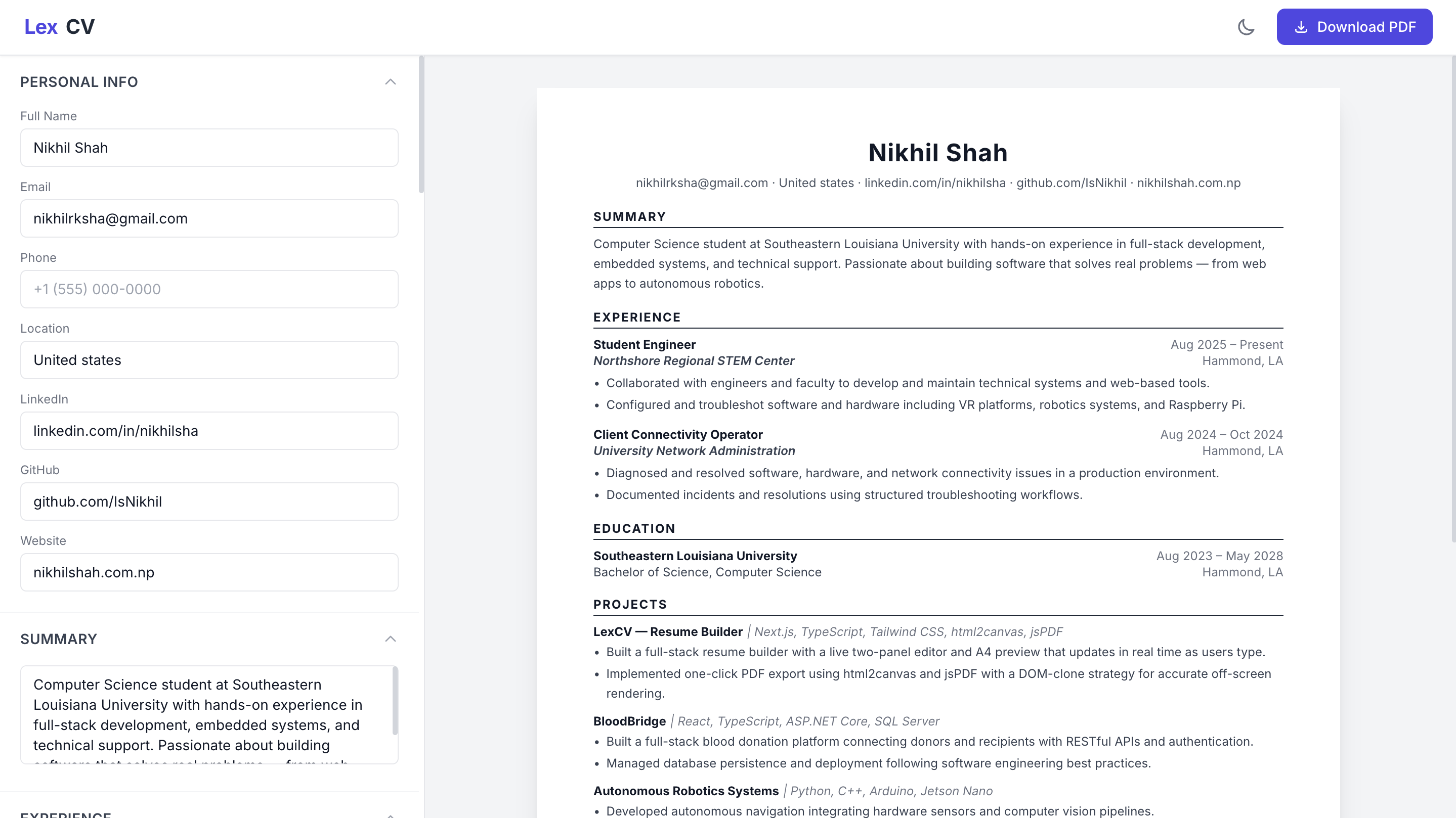LexCV resume builder